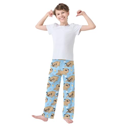 Boys' Pants Funny Pug Dog and Duck Blue Long Bottoms Jogger Pants Elastic Waist Trousers with Pockets S-XL2