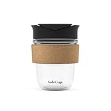SoleCup. - Reusable Strengthened Glass Travel Cup - Spill Proof Coffee Mug - 12oz/340ml BPA-Free Hot Drink Travel Mug with Lid & Cork Band (Black, 340ml / 12oz)
