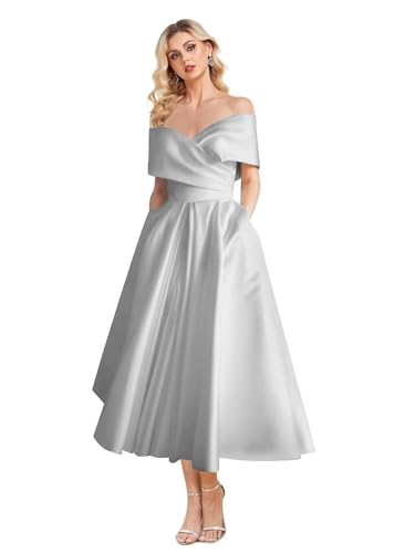 Image of Women's Off Shoulder Wedding Dress for Bride Tea Length A Line Satin Formal Prom Dresses with Pockets
