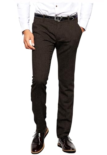 Men's Wool Tweed Pants Vintage Trousers Herringbone Pleat-Front Dress Pants Regular Fit