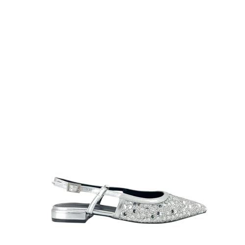 MODELISA - Zapato De Tacón Plano Brillo Acabado En Punta Boda Evento Mujer (Plata, Sistema Tallas Calzado EU, Adulto, Mujer, Números, Mediano, 36)