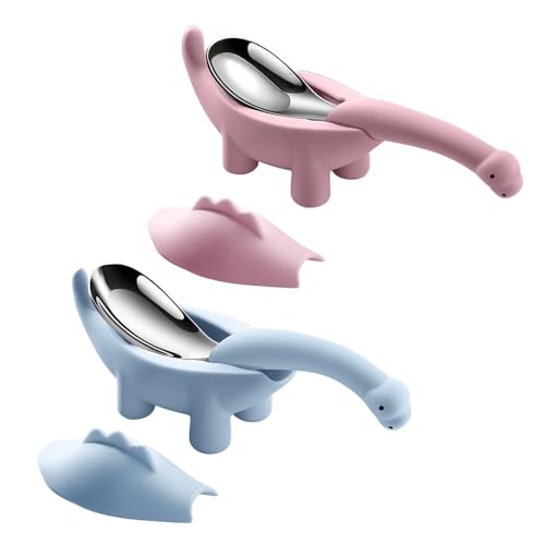 Image of Baby Spoon and Fork Set, Blue and Pink Silicone Toddler Cutlery Set with Dinosaur Case, 2 Pc, Self Feeding Utensils for Baby Meals School and Travel, Mealtime Essential