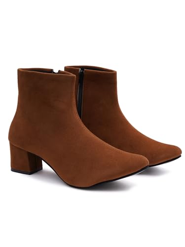 Image of Shoetopia Women's Tan Ankle Boots with Low Heel - Stylish Slip-Resistant Zip-Up Short Boots for Casual & Party Footwear EU38