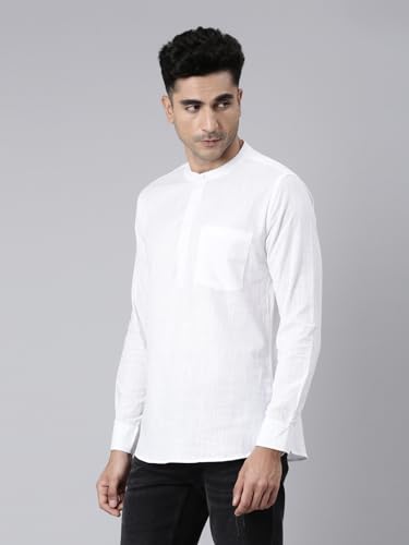 Image of KRYPTIC Men's Full Sleeve Regular Fit Short Kurta in Premium Pure Cotton with Patch Pocket and Mandarin Collar - Perfect Blend of Style and Comfort