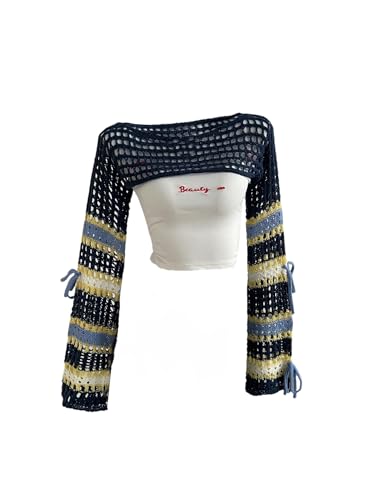 GORGLITTER Women's Bow Crochet Tops Hollow Out Color Block Striped Cropped Sweater Long Sleeve Y2K Bolero Shrugs