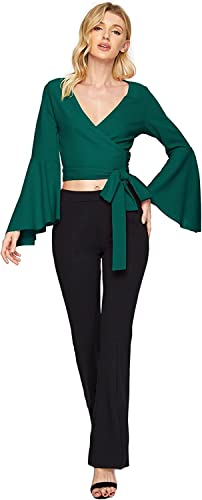 Image of TASHVIKA'S Women's Long Sleeve V Neck Tie Knot Wrap Blouse Top