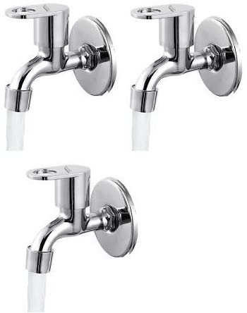Spazio Prime Collection Bib Cock Tap Bathroom Tap Foam Flow Water with Wall Flange (Chrome Plated, Brass Disc, Pack of 3) Bib Tap Faucet (Wall Mount Installation Type)