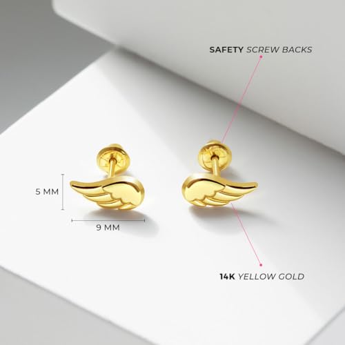 14k Yellow Gold Angel Wings Screwback Earrings For Little Girls - Safety Screw Back Earrings For Young Girls - Beautiful Religious Earrings for a Young Girls Communion Day4