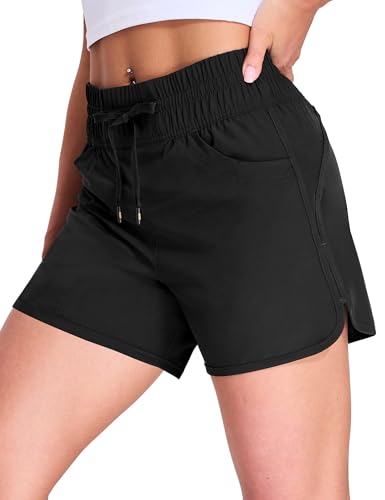 MIER Women's Running Shorts Quick Dry Athletic Workout High Waisted Active Shorts with Liner Zipper Pocket 4 Inch