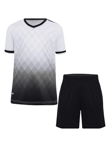 Kids Boys Soccer Uniform Sports 2 Piece Short-Sleeve V-Neck T-Shirt and Elastic Shorts for Football Training
