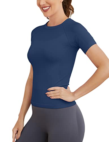 Image of MathCat Short Sleeve Workout Tops for Women, Seamless Women's Compression Shirt, Yoga Running Athletic Shirts Soft Gym Tops