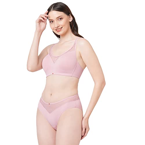Image of SOIE Women's Full Coverage Padded Bra and Mid Rise Brief with Lace Detailing