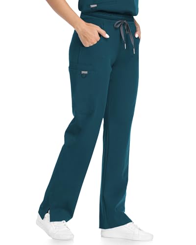 Image of COMENII Scrubs for Women, Knit Yoga Waistband Straight Leg Cargo Pants, Classic Fit Womens Scrubs Pants
