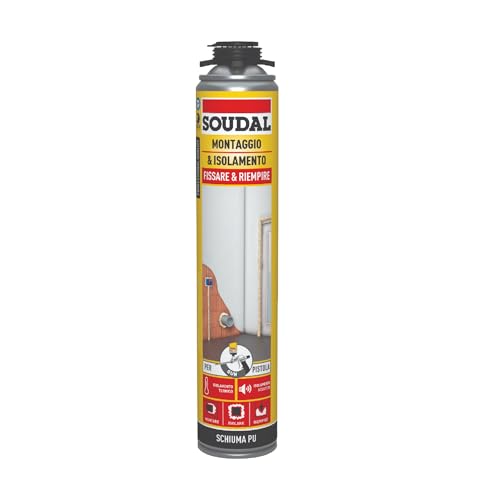 Soudal, Schiuma Montaggio & Isolamento Pistola, 750ml, Champagne, Espansione Elevata, Per Riempimento e Fissaggio, Ideale per Isolamento Termico e Acustico