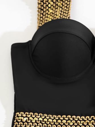 Image of Black Wide Strap One Piece Contrast Trim Push Up Suit| Gold Sequine Strap Swimsuit| Honeymoon Nightwear & Bedroom Wear| First Night Bridal & Teddy Bodysuit for Women