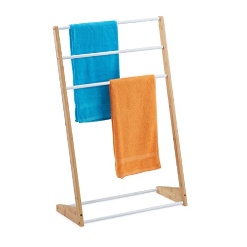 Relaxdays Portatoallas de Pie Bambú y Hierro, 3 Barras, Baño, Dormitorio, 98 x 62 x 30 cm, Escalonado, Natural y Blanco