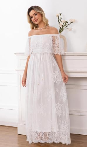 Image of HOYISHION Women's Off The Shoulder Floral Lace Maxi Dress White Bridesmaid Wedding Party Maternity Photoshoot Long Dresses