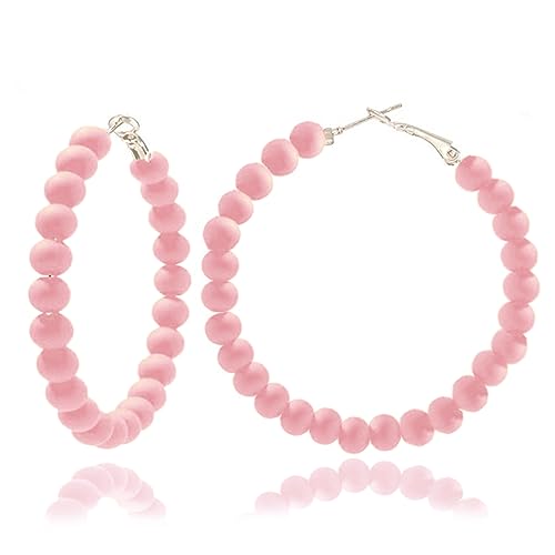 Boho Beaded Hoop Earrings Bohemian Multicolor Candy Acrylic Circle Round Chic Dangle Earrings for Women Statement Ear Jewelry-pink