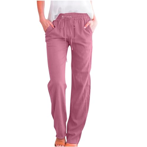 Linen Pants Women 2026 Spring Summer Fashion Straight Leg Pant Dressy Casual High Waisted Loose Trousers with Pockets Linen Pants Women Petite Pink L