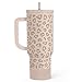 SANDJEST Leopard Tumbler with Handle, Insulated Cup Stainless Steel Travel Mug Cup, Gifts for Women Girl on Birthday Christmas, Tan Leopard, 40oz