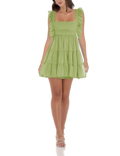 Image of Women's Summer Square Neck Tie Back Ruffle Sleeve Tiered Casual A-Line Short Mini Dress