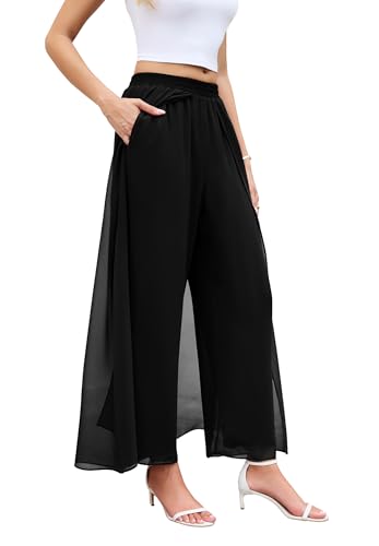 WANGZHI Women's Wide Leg Dress Pant Elegant Party Elastic Waist Trouser with Pockets