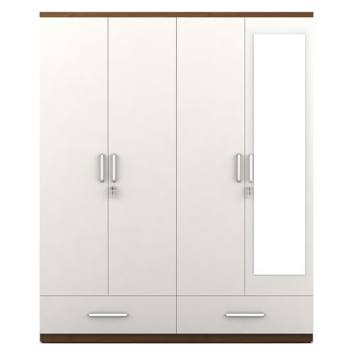 Image of Spacewood Apex 4 Door Wardrobe with Mirror | Frosty White Finish | Engineered Wood Almirah with 3 Drawers (1 Lockable), 2 Hanging Spaces & 1 Internal Locker | Bedroom Cupboard Almari | 3-Year Warranty