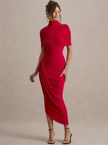 Women Half Sleeve Backless Ruched Sexy Maxi Dress Turtleneck Slim High Waist Evening Club Party Long Dress3