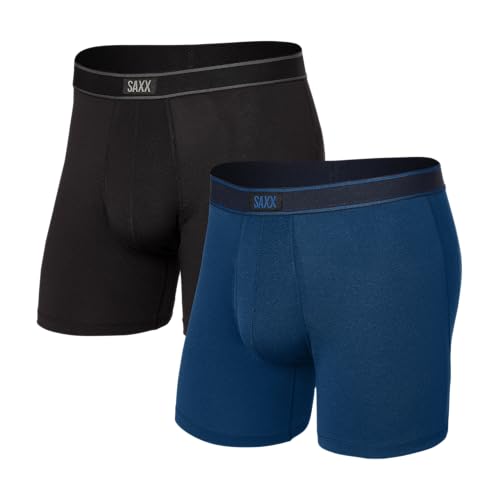 SAXX Underwear Co. Men's Daytripper Comfort Stretch Boxer Brief Fly 2-Pack, Black/City Blue Heather, Medium
