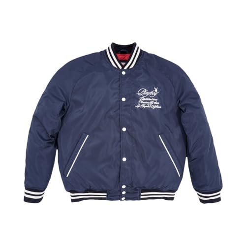 Playboy EST.53 LA Blue Varsity Jacket, Unisex, Embroidered Bunny Logo, Red Quilted Lining, Striped Trim