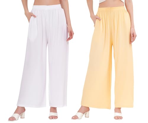 Image of Buy That Trendz Palazzo Pants for Women Cotton Rayon Elasticated Regular Fit Flared Wide Leg M to 6XL Pack of 2