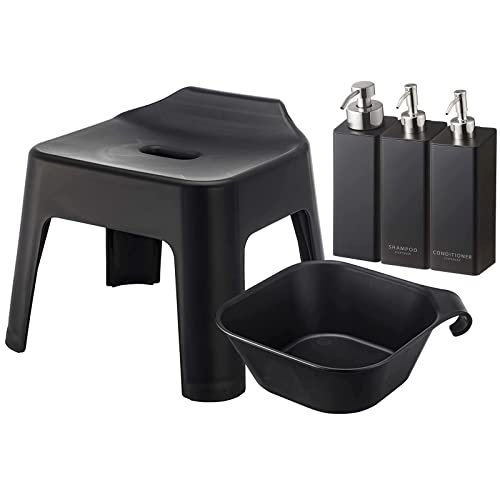 山崎実業(Yamazaki) 引っ掛け風呂イス 座面高25cm + マグネット&引っ掛け湯おけ + マグネットディスペンサーボトル 3本セット 泡タイプ&ノーマルタイプ 【5点セット】 tower バスチェア ブラック 5384 5379 5211 425