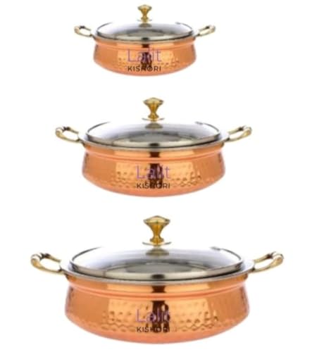 jewellary hub Hammered Copper Handi | Brass Handle | Saute Fry Pan | Combo 3 pcs Set | Copper Sipri with Glass Lid for Cooking and Serving 300, 500 & 700 ml