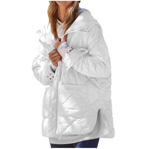 ANHATUIV Winter Jackets for Women Uk Womens Quilted Puffer Jacket Hooded Long Sleeve Zip Up Winter Coat Lightweight Warm Jackets With Pockets for Workout/Everday White XL