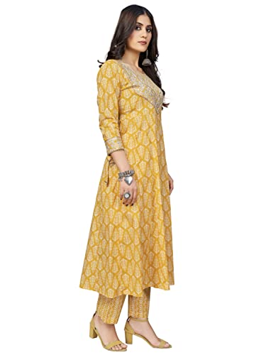 Image of Vbuyz Women's Cotton Print & Sequience A-Line Stitched Kurta Pant with Dupatta (VF-KU-1721-SKD-40 Yellow Large)