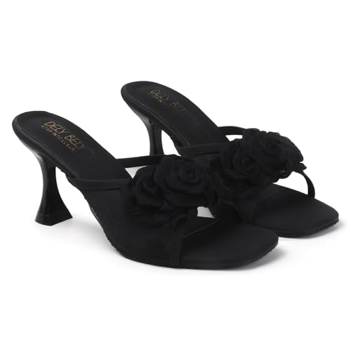 Image of Dely Bely Women's Black Floral Embellished Heels | Stylish Slip-On Party Sandals with Comfortable Heel for Wedding, Festive & Casual Wear