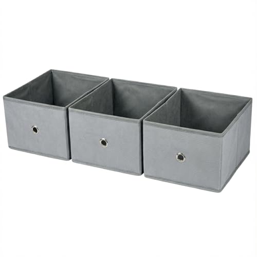 3 Cajas de Almacenamiento Plegable de Tela 26.5x26.5x13 cm Gris – Organizador para Armario y Estantería – Cubo de Almacenaje Resistente con Ojal Metálico para Hogar y Oficina