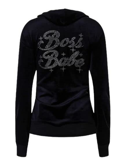 Paris Hilton Sparkle Boss Babe Hoodie - Cozy Ultra-Plush Velour Tracksuit for Women, Black, XS