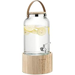Dispensador De Agua Para Cocina Integral Navaris Dispensador de Bebidas - Garrafa de Cristal con Grifo asa de Cuero y Soporte de Madera - Jarra 5,6 l para Agua Bebida Limonada con dosificador