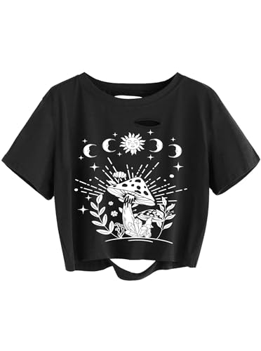 Remidoo Womens Graphic Crop Top T Shirt Ripped Short Sleeve Sun and Moon Print Tee Black Small