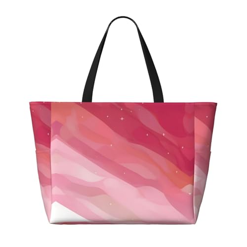 Pink gradient style Large capacity beach bag with zipper, perfect for grocery bag pool gym travel shopping foldable beach travel bag,2