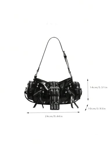 Vintage Shoulder Bag for Women Y2k Purse Adjustable Crossbody Handle Handbag Motorcycle Bag Leather Punk Underarm Bags2