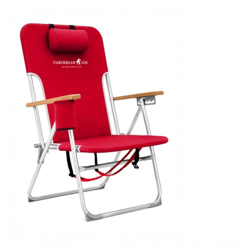 CARIBBEAN JOE Folding Beach Chair 4 Position Portable Backpack Foldable Camping Chair with Headrest Cup Holder and Wooden Armrests (Teal 350lbs Capacity)