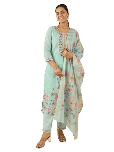 Image of INDO ERA Women's Straight Linen Floral Embroidered Kurta & Pant With Dupatta Set (IESTR10644)
