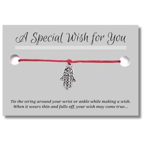 Hamsa Charm Red Wish Bracelet, Hemp with Tibetan Silver Charm on Printed Card, 12 inches long, Adjustable Unisex Design, Friendship Anklet, Spiritual Gift for Women
