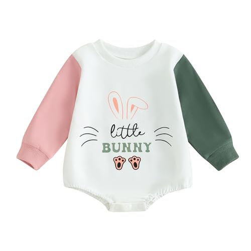 JLKGICF Baby Girl Boy Easter Outfit Sweatshirt Jumpsuit Letter Bunny Ear Print Round Neck Long Sleeve Bubble Romper (White5, 3-6 Months)