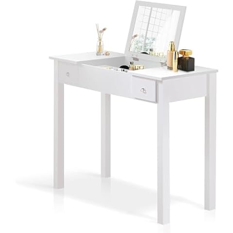 Organizedlife Small Makeup Vanity with FILP Top Mirror, Vanity Desk Without Light, 2 Storage Drawers Work Study Writing Table, 31.5inch (White) Cover