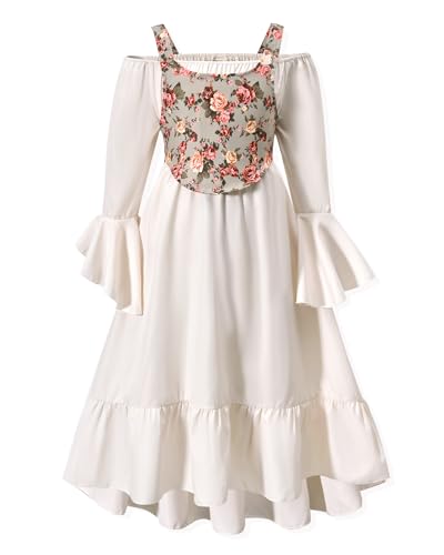 Little Girl Renaissance Vintage Medieval Retro Dress with Vest Long Sleeve Floral Ruffle Victorian Elegant Photo Outfits
