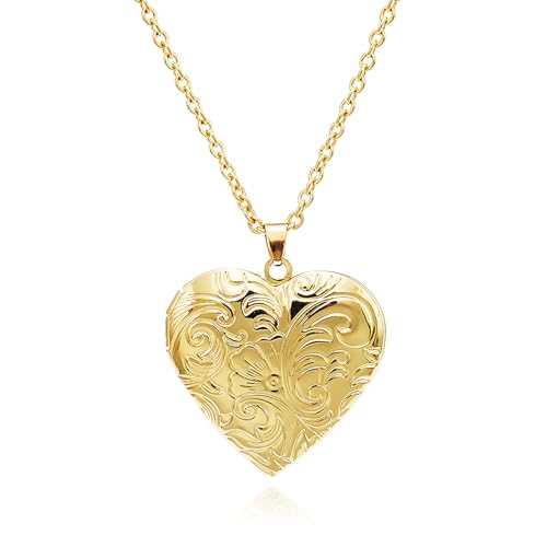 POYAMUSE Heart Locket Necklace for Women, Vintage Brass Locket Pendant - Floral Engraved Design, Heart Shaped Pendant Keepsake Jewelry (N-Gold)
