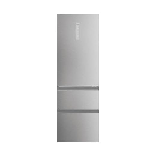 Haier 3D 60 Series 5 Freestanding Fridge Freezer, 3 Doors, Total No Frost, E Class, 360L Total Capacity, Easy Access Freezer Drawers, hOn App, AI & Wi-Fi Connected, Silver, 60x67x185 cm - HTW5618ENMG
